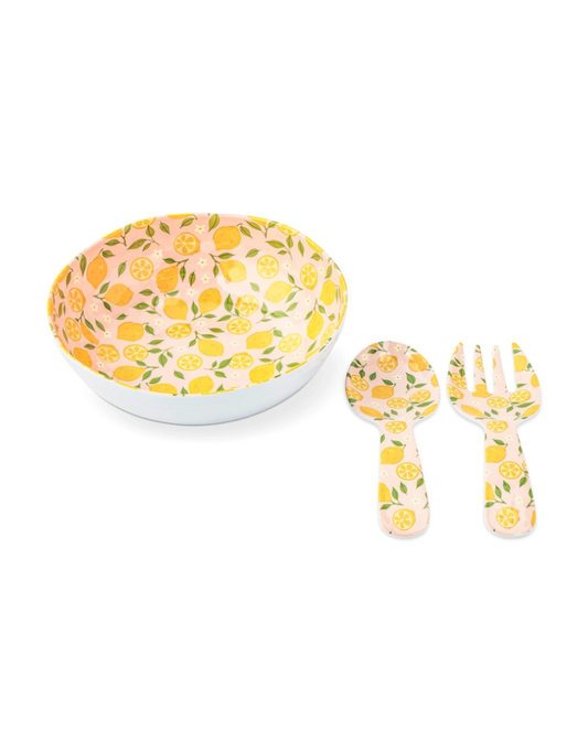 Lemons Melamine Serving Bowl with Salad Servers Set