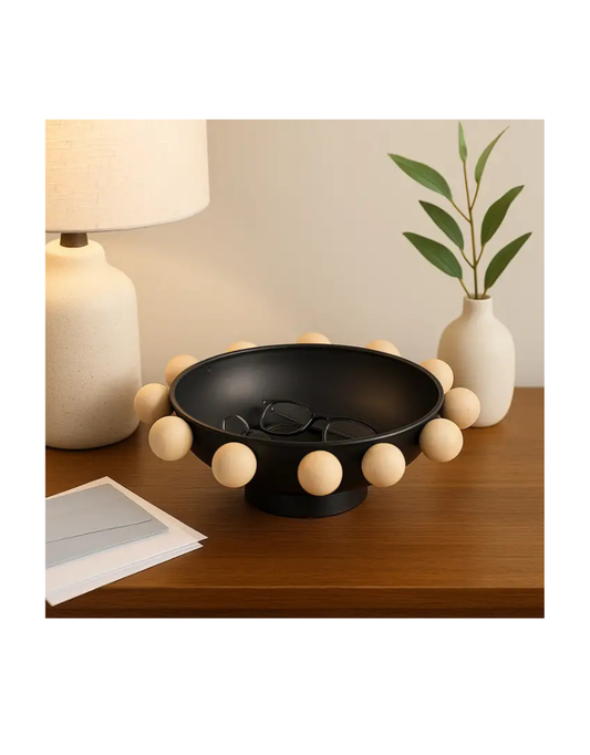 Decorative Black Round Bowl with Wood Knobs