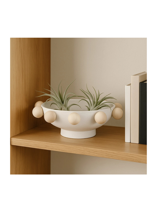 Decorative White Round Bowl with Wood Knobs