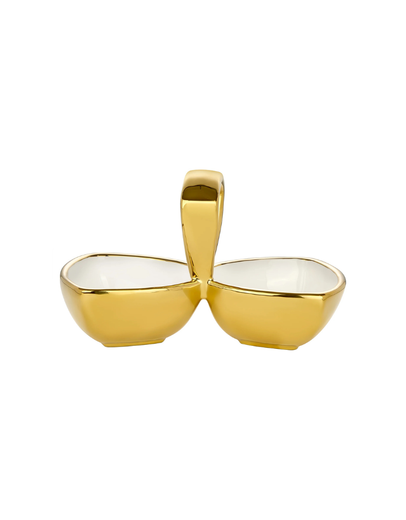 Double Ceramic Snack Bowl with Gold Exterior & Handle