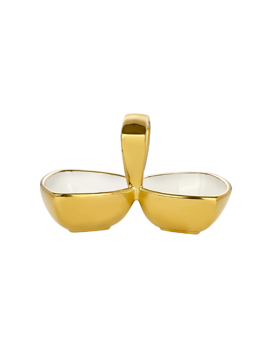 Double Ceramic Snack Bowl with Gold Exterior & Handle
