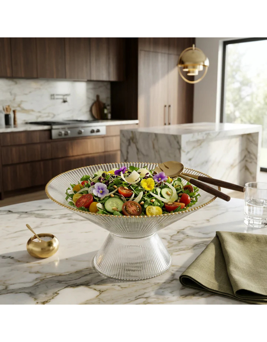 Footed Ribbed Clear Glass Salad Bowl with Gold Rim