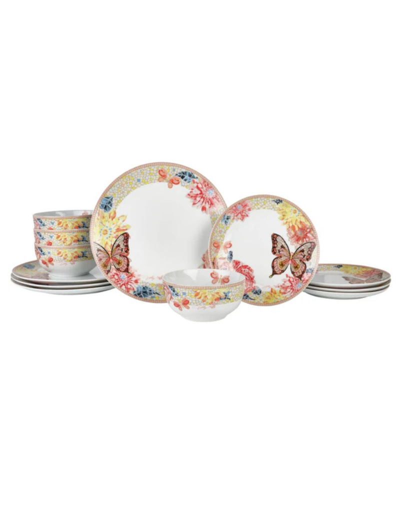Dolly Parton Jeweled Mosaic Peach Butterfly 12pc Porcelain Dinnerware Set