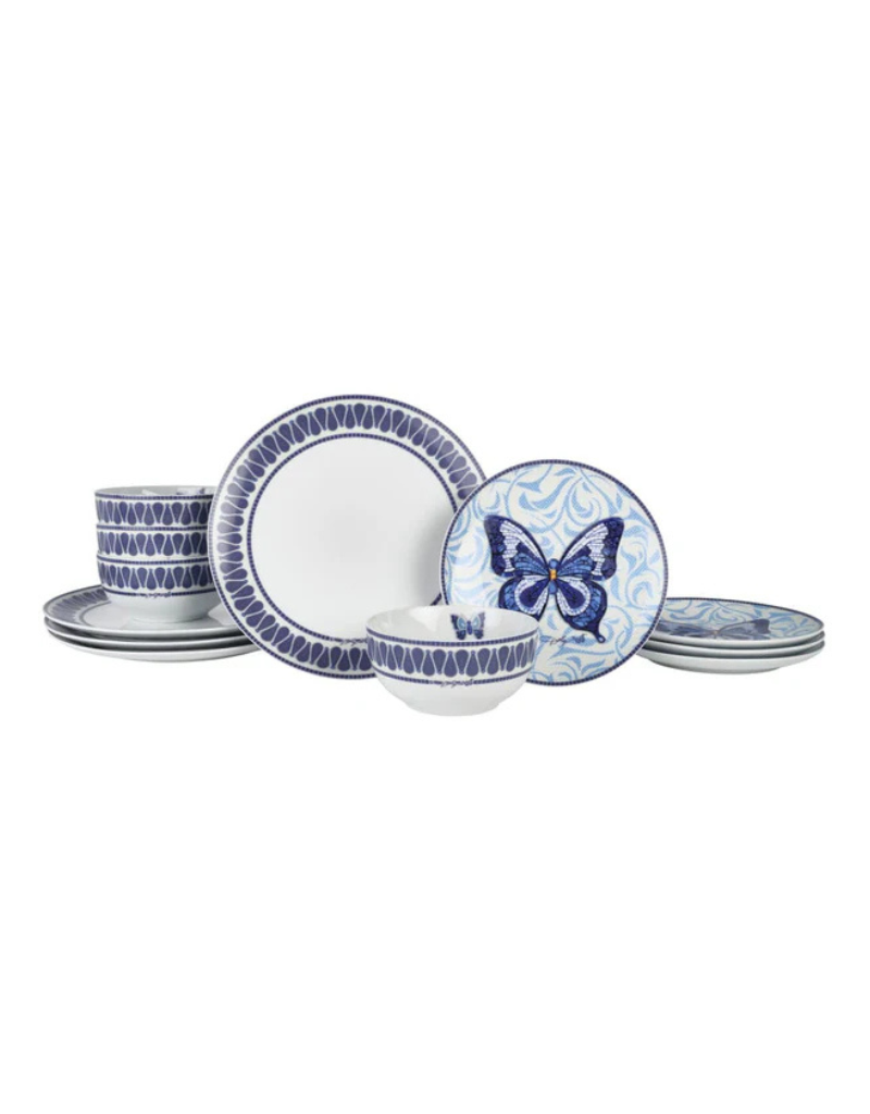 Dolly Parton Jeweled Mosaic Blue Butterfly 12Pc Porcelain Dinnerware Set