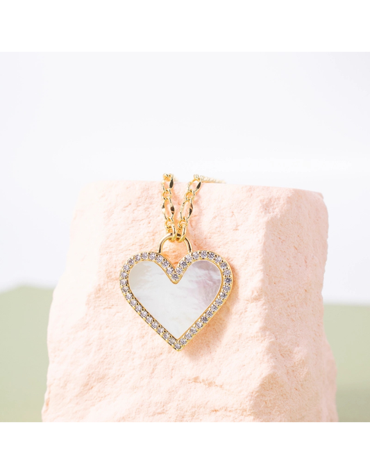 Luxe Heart Shell Pave Gold Necklace