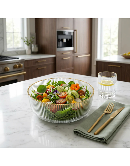 Ribbed Clear Glass Salad Bowl with Gold Rim