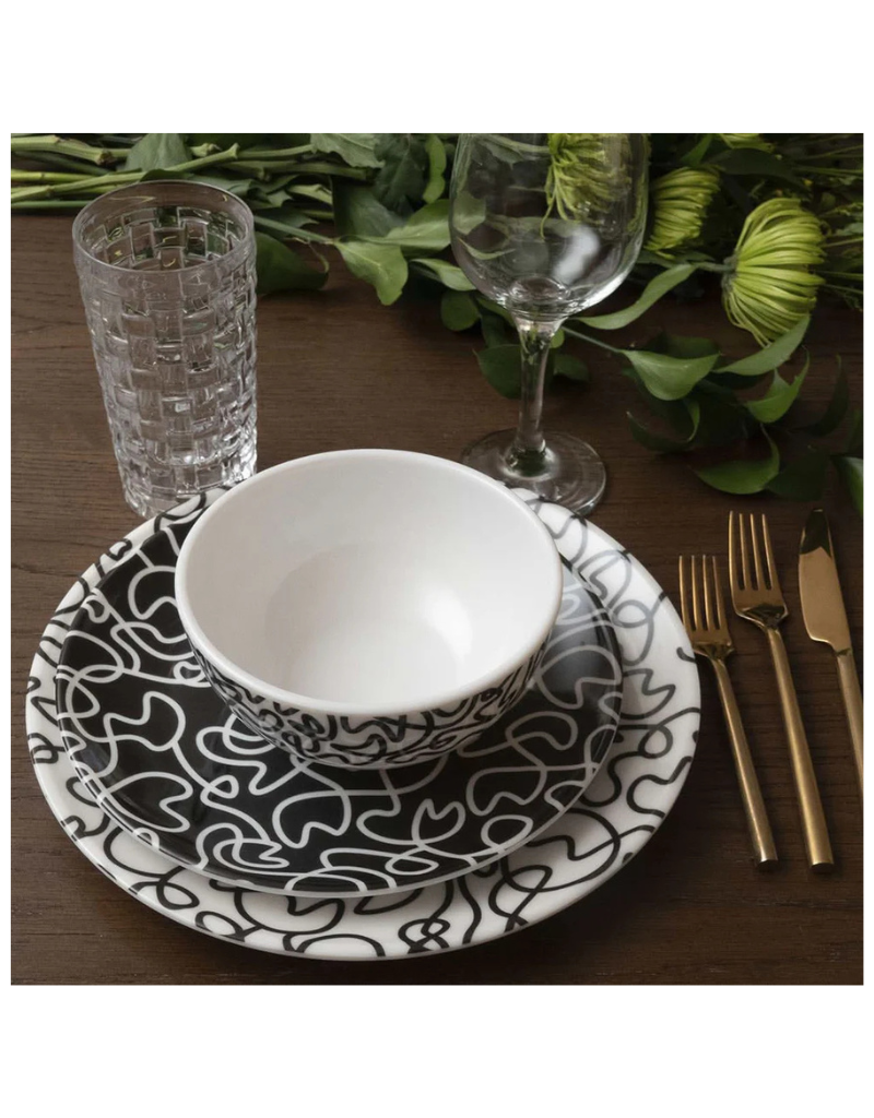 Elizabeth Sutton Collection: Black & White Squiggly 12pc Melamine Dinnerware Set