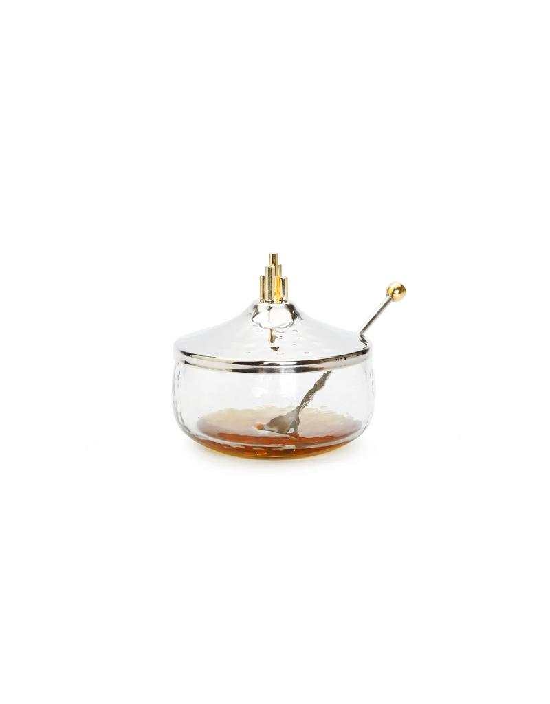Honey Dish with Stainless Steel Lid and Gold Symmetric Design