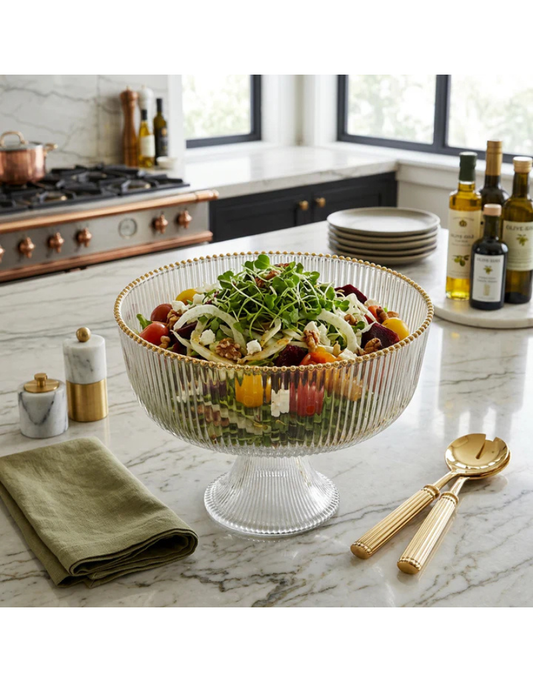 Ribbed Clear Glass Footed Bowl with Gold Rim