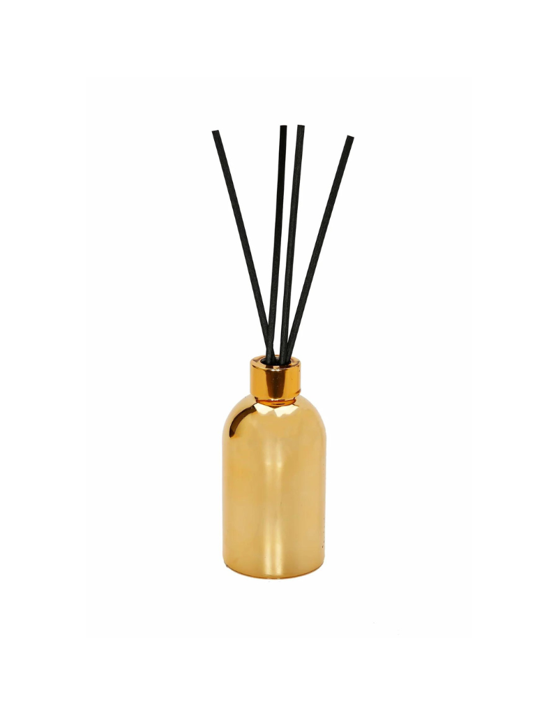 Gold Bottle Diffuser With Gold Cap And White Flower- Lily of the Valley