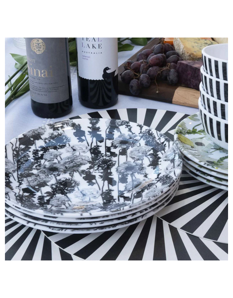 Elizabeth Sutton Collection: Grayscale Floral Garden 12pc Melamine Dinnerware Set