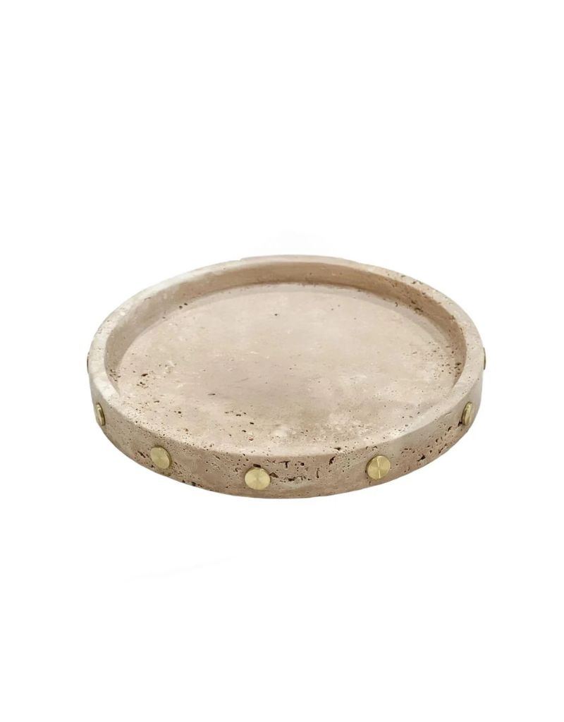 Travertine Round Tray with Gold Studs