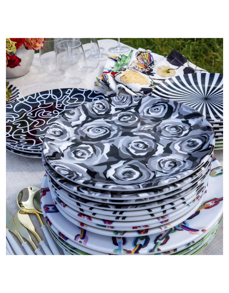 Elizabeth Sutton Collection: Grayscale Roses 12pc Melamine Dinnerware Set