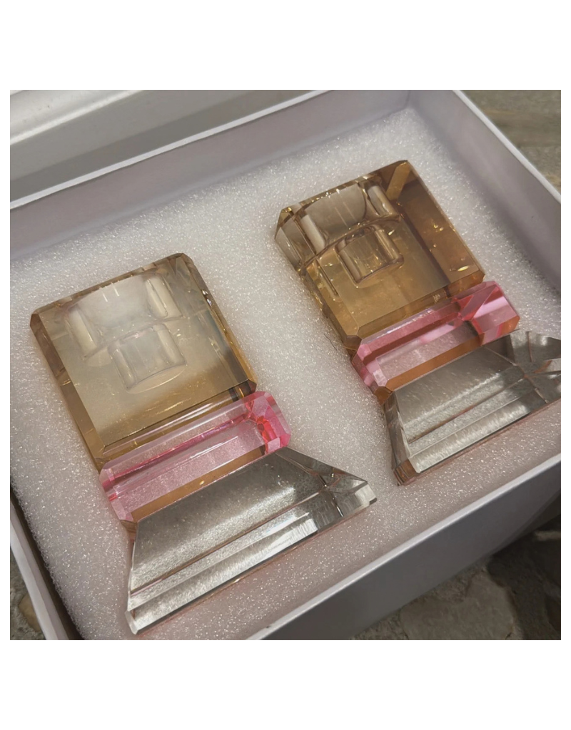 Modern Crystal Candle Holder Set with Pink Accent Base
