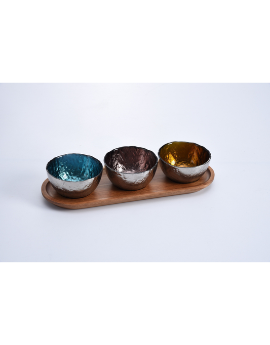 Set Of 3 Colored Glass Bowls & Tray