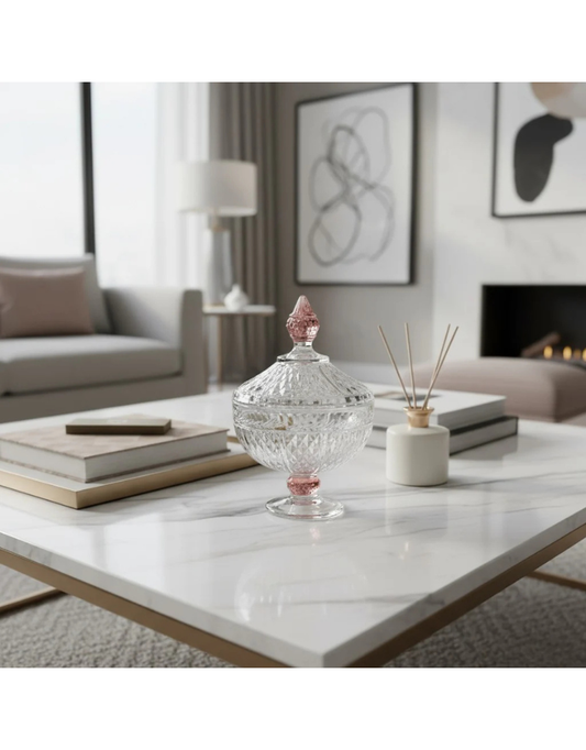 Footed Glass Jar with Diamond-Cut Design and Pink Stem & Lid