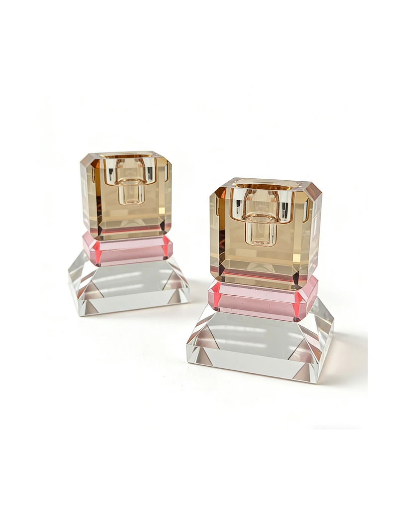 Modern Crystal Candle Holder Set with Pink Accent Base