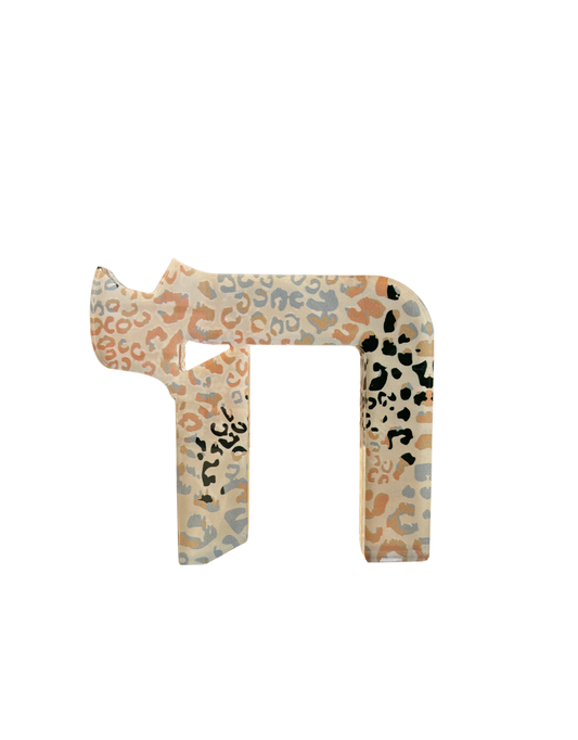 Acrylic Beige Leopard Print Hebrew Chai Sculpture