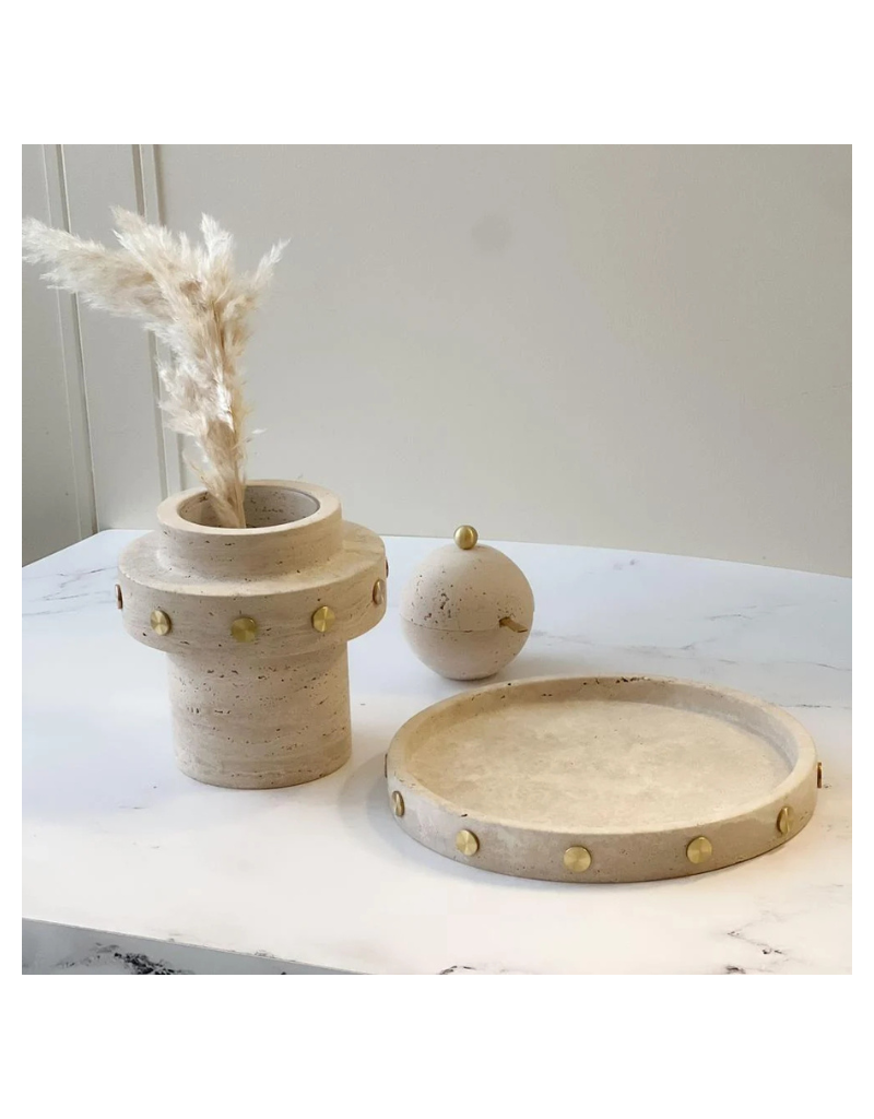 Travertine Round Tray with Gold Studs