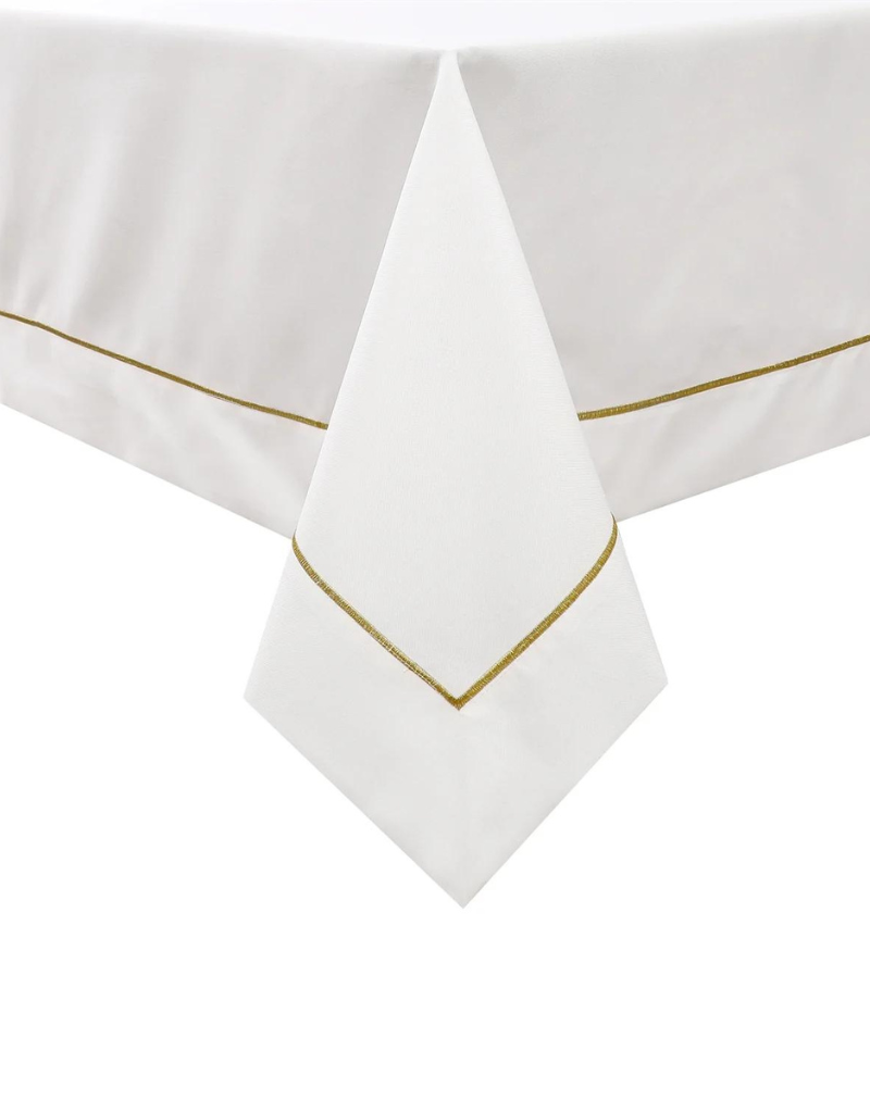 Poly Linen Look White & Gold Trim Tablecloth #1553