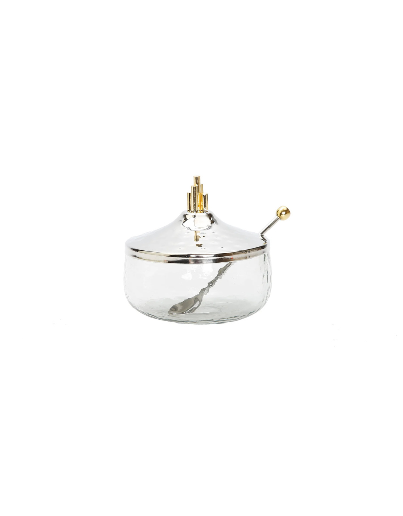 Honey Dish with Stainless Steel Lid and Gold Symmetric Design