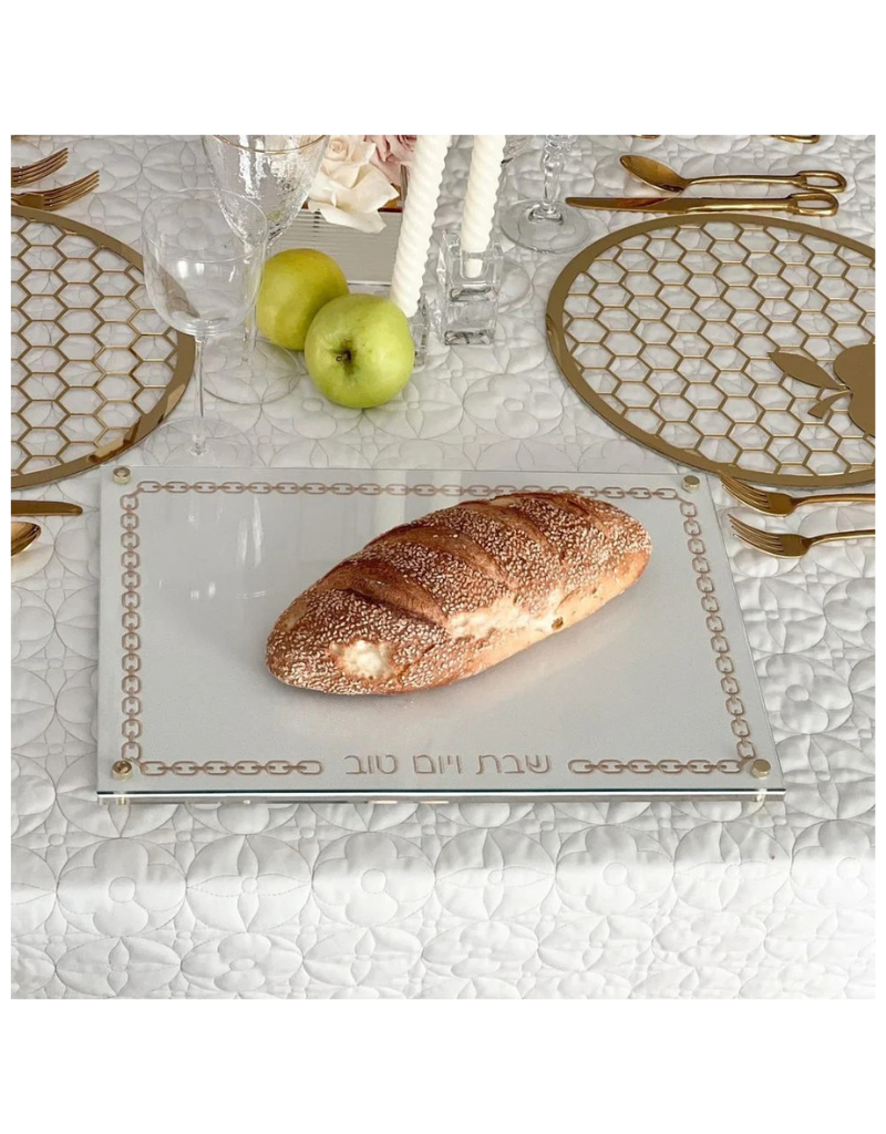 Glass Challah Board with Chain Design Embroidered Leatherette (options)