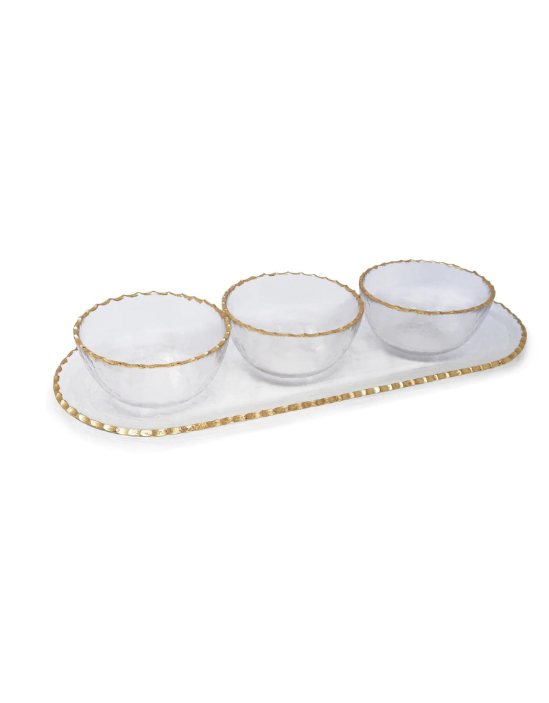 3 Bowl Serving Dish On Tray With Gold Rim