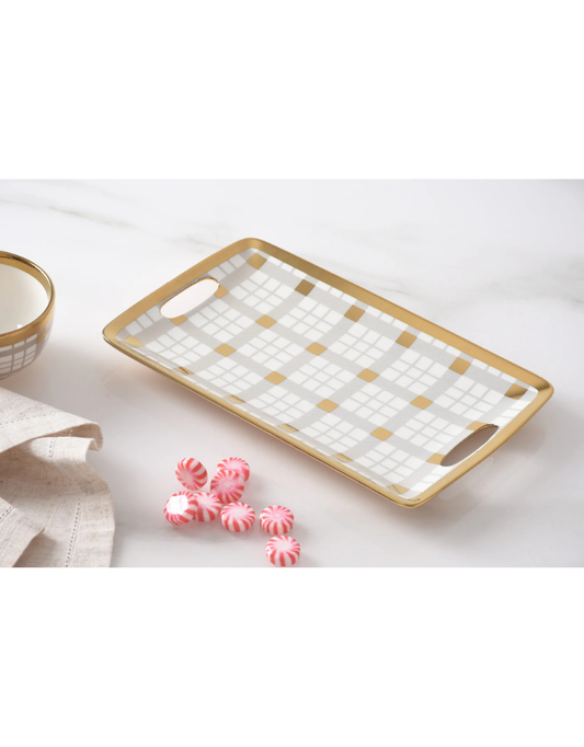 Gold & Plaid Small Tray With Handles