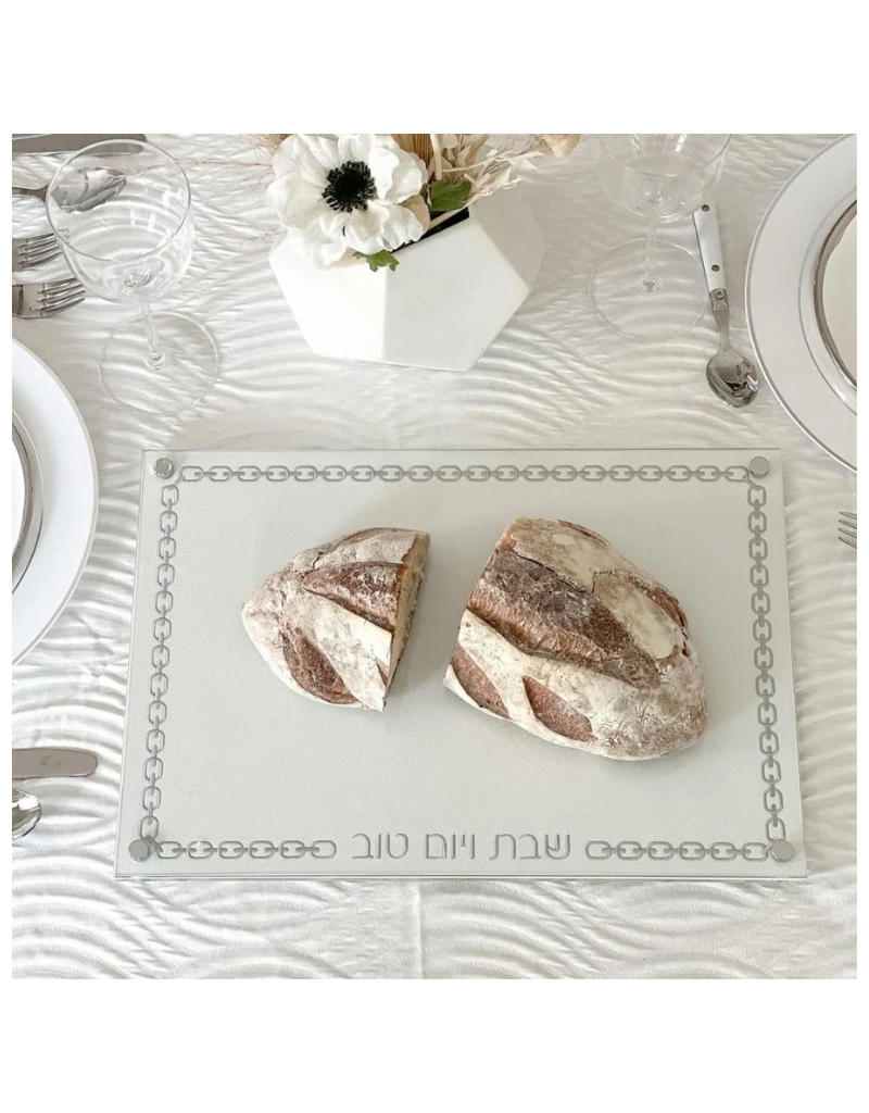 Glass Challah Board with Chain Design Embroidered Leatherette (options)