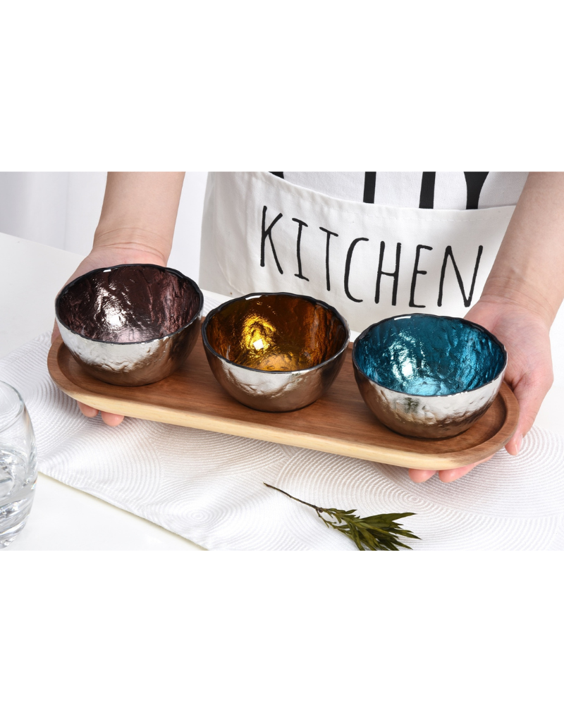 Set Of 3 Colored Glass Bowls & Tray