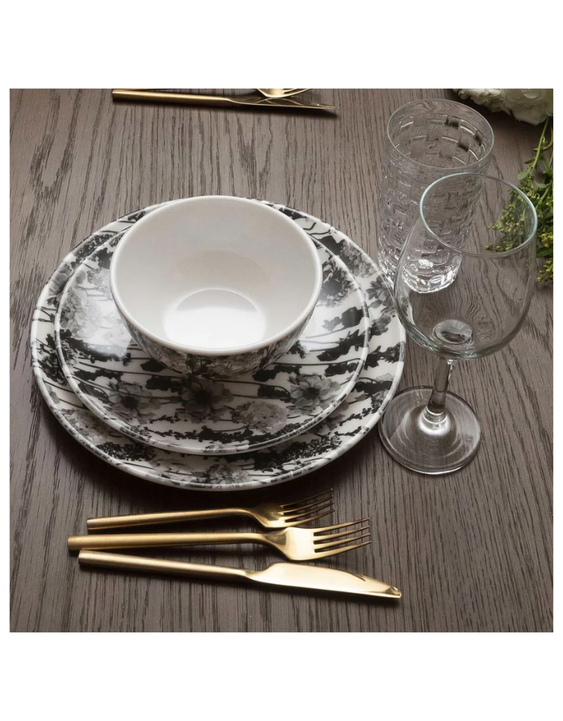 Elizabeth Sutton Collection: Grayscale Floral Garden 12pc Melamine Dinnerware Set
