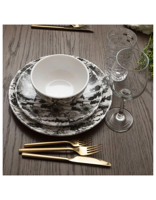 Elizabeth Sutton Collection: Grayscale Floral Garden 12pc Melamine Dinnerware Set