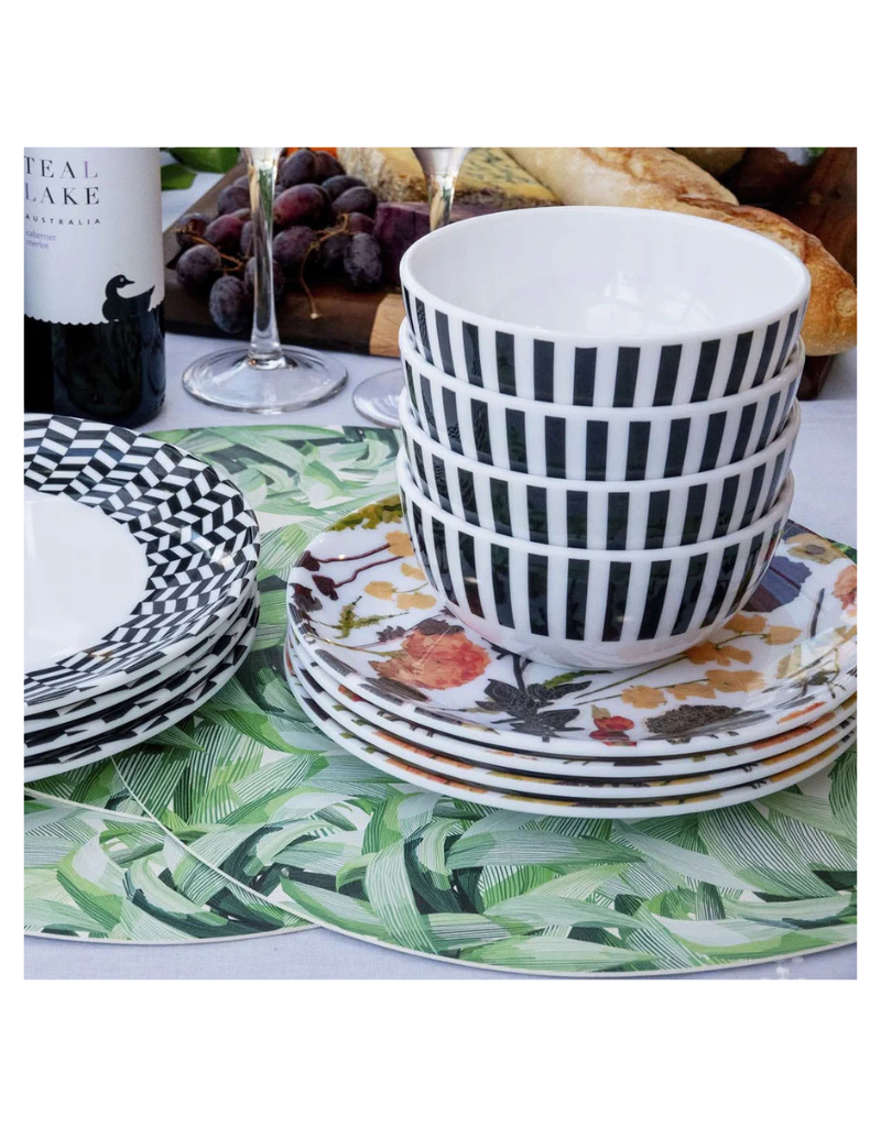 Elizabeth Sutton Collection: Black & White Starburst 12pc Melamine Dinnerware Set