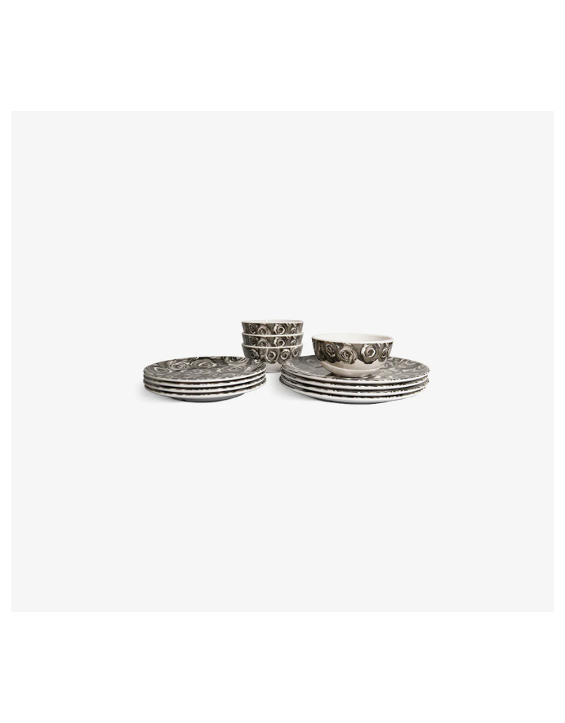 Elizabeth Sutton Collection: Grayscale Roses 12pc Melamine Dinnerware Set