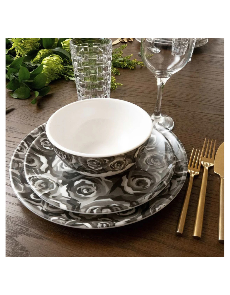 Elizabeth Sutton Collection: Grayscale Roses 12pc Melamine Dinnerware Set