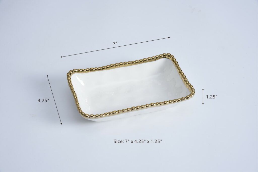 White & Gold Beaded Rectangular Serving Dish