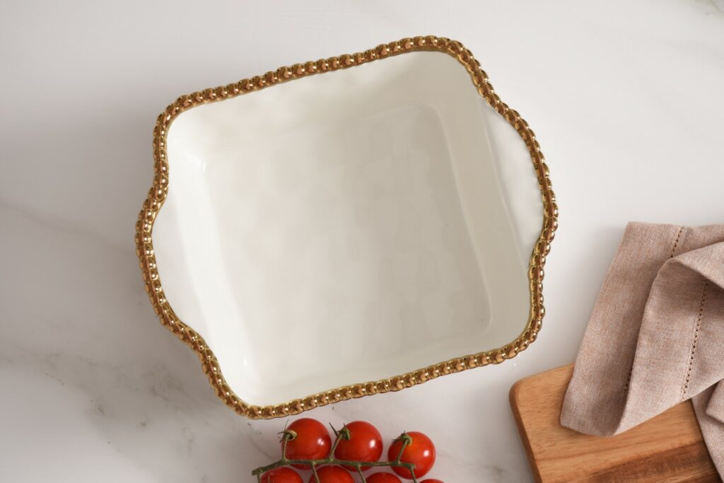 White & Gold Beaded Square Baking Dish