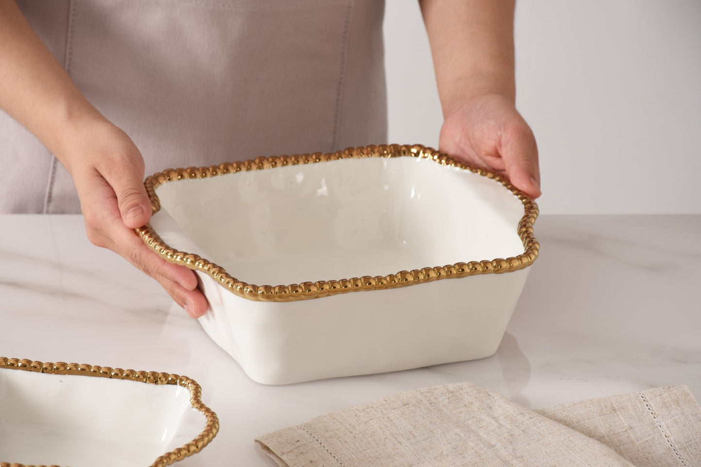 White & Gold Beaded Square Baking Dish