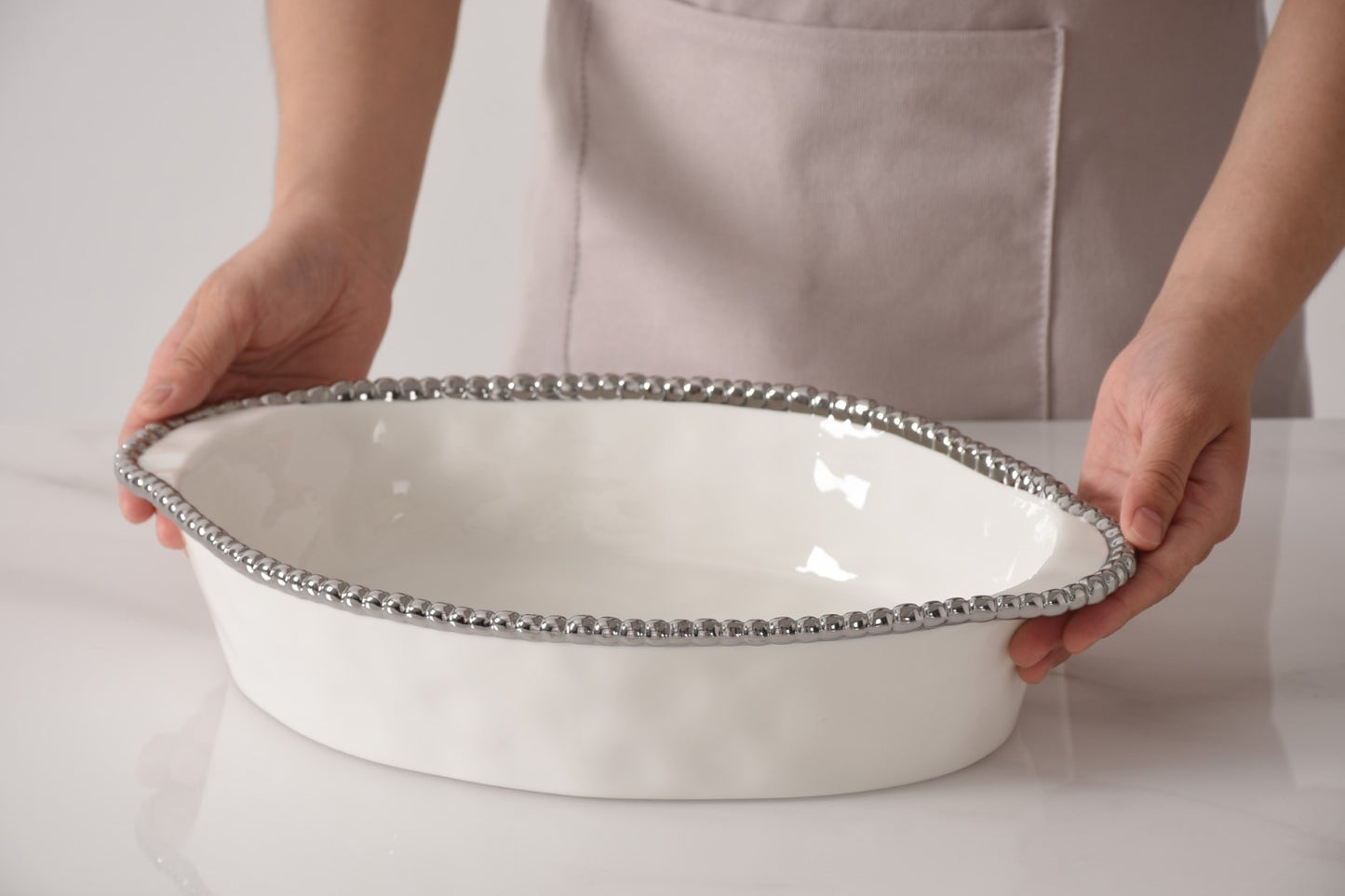 White & Silver Oval Baking Dish