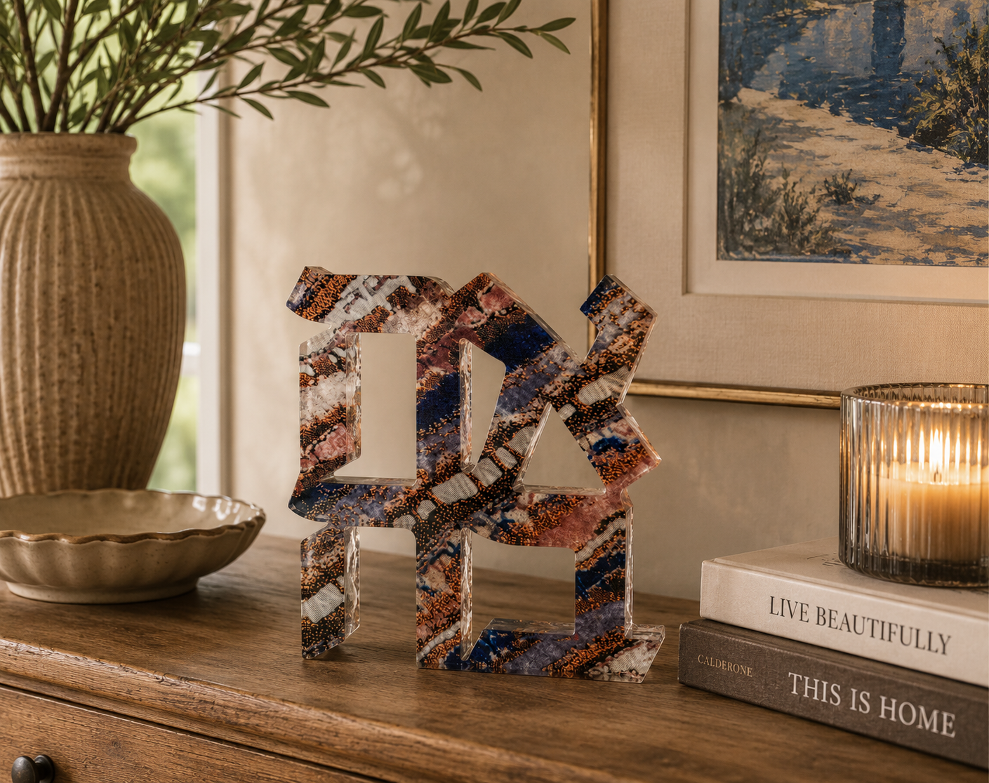 Acrylic Indigo Tapestry Hebrew Ahava Sculpture