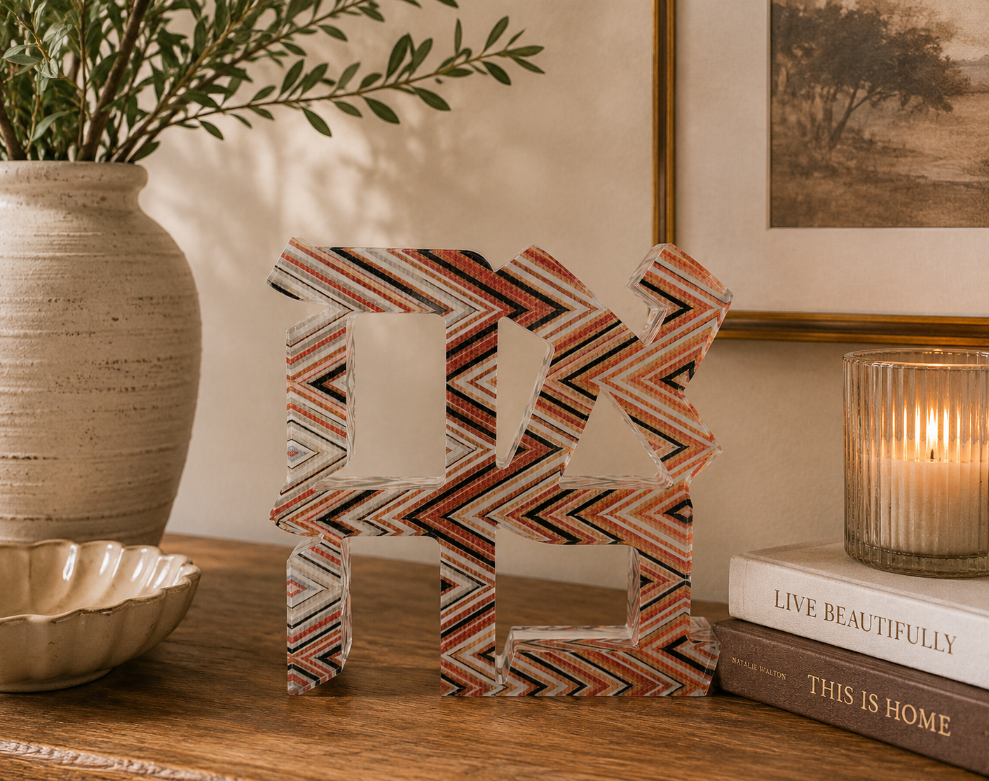 Acrylic Terracotta Chevron Hebrew Ahava Sculpture