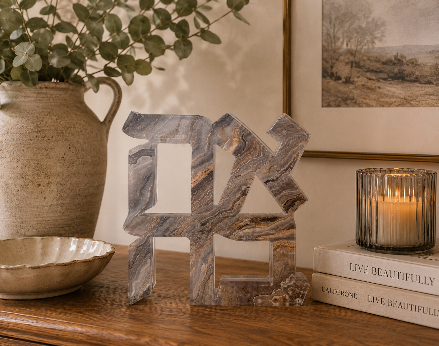 Acrylic Grey & Gold Marble Hebrew Ahava Sculpture