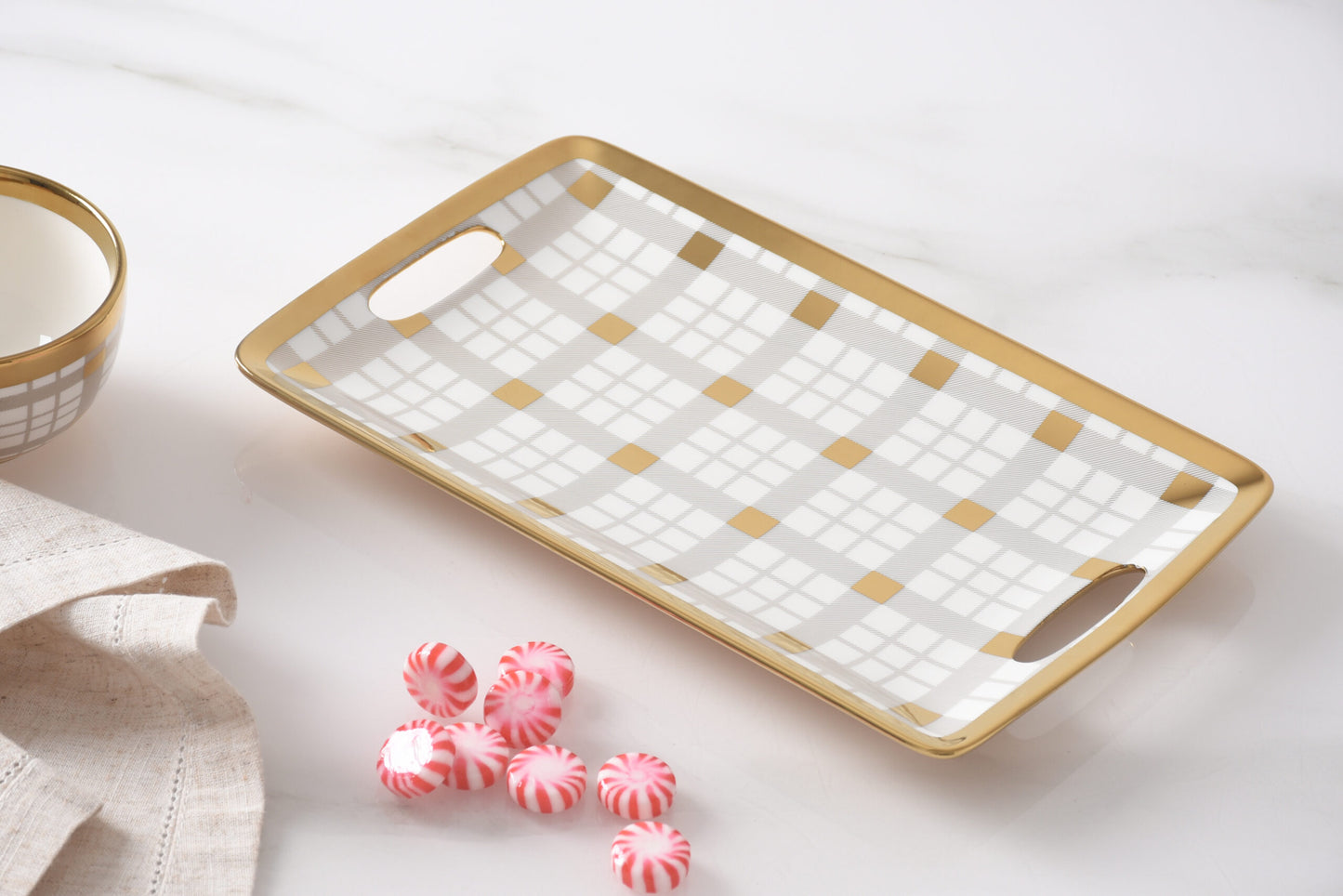 Gold & Plaid Small Tray With Handles