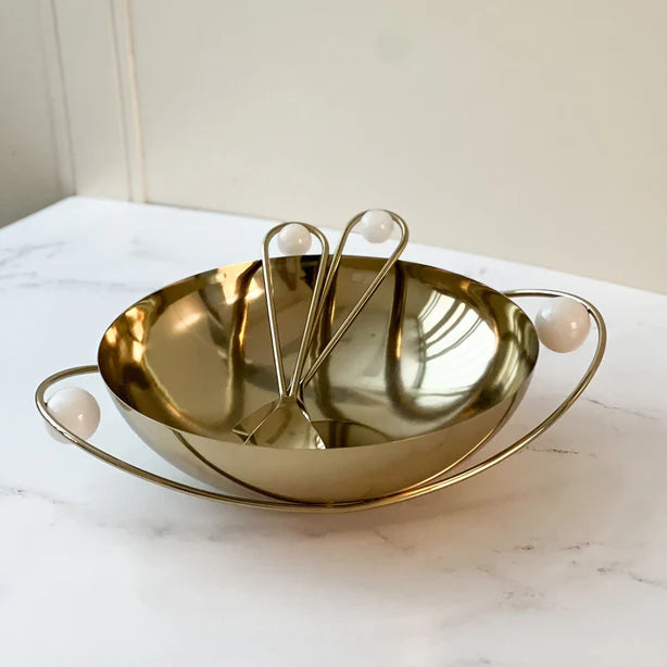 Quartz Accented Stainless Steel Serving Bowl With Gold Handles