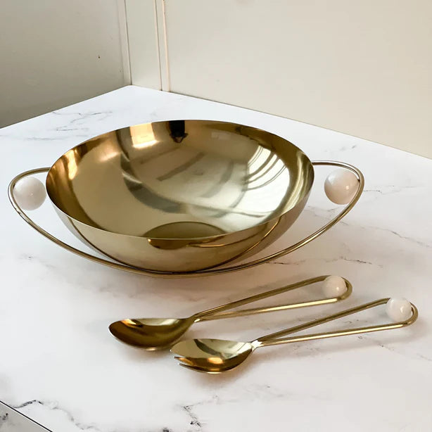 Quartz Accented Stainless Steel Serving Bowl With Gold Handles