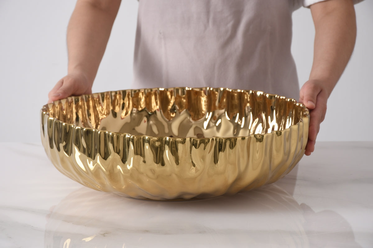 Pleated Extra Large Shallow Gold Bowl