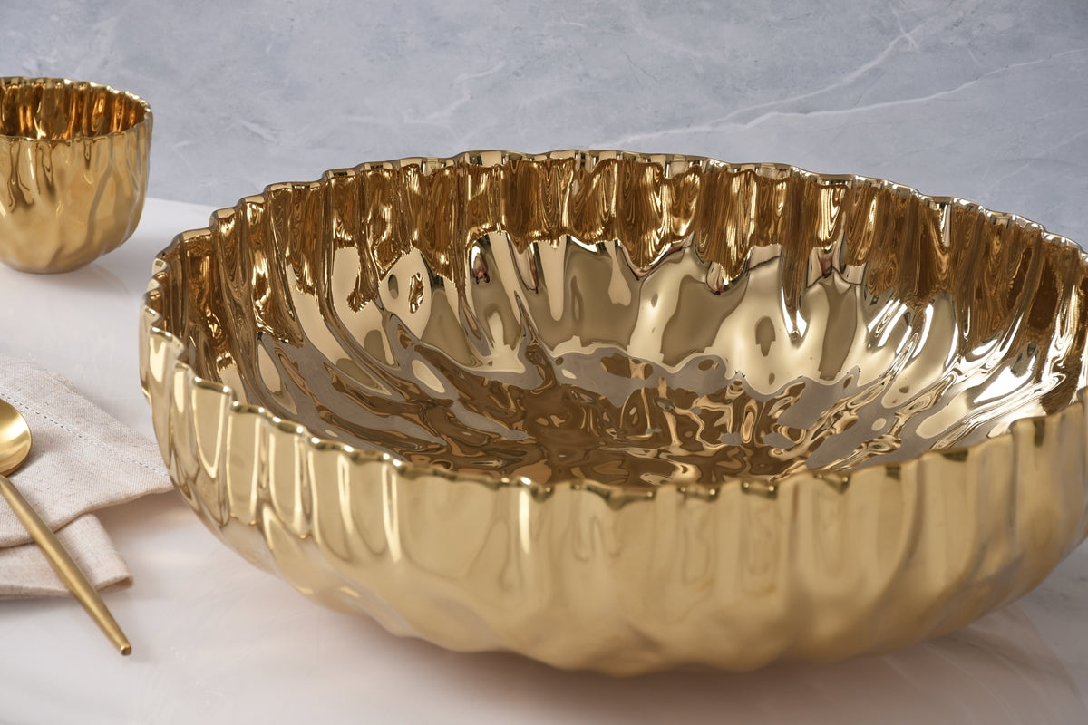 Pleated Extra Large Shallow Gold Bowl