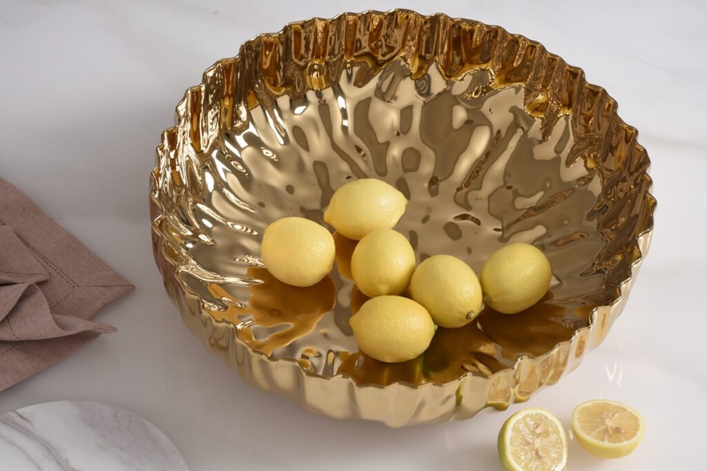 Pleated Extra Large Shallow Gold Bowl