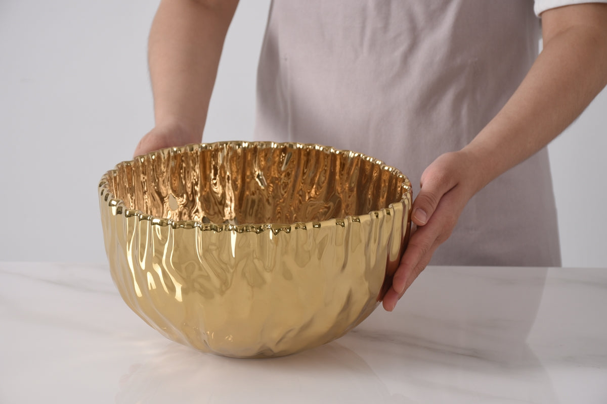 Pleated Large Porcelain Gold Bowl