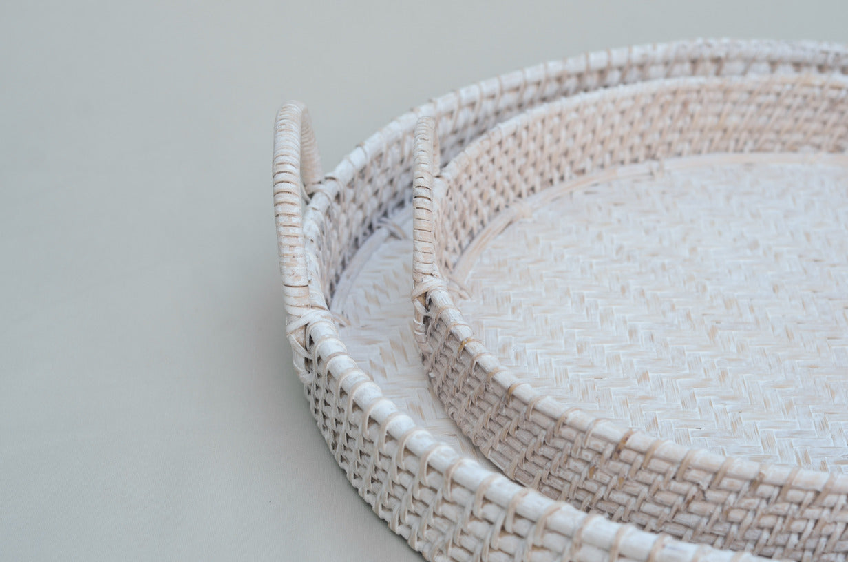 White Rattan Trays with Handles